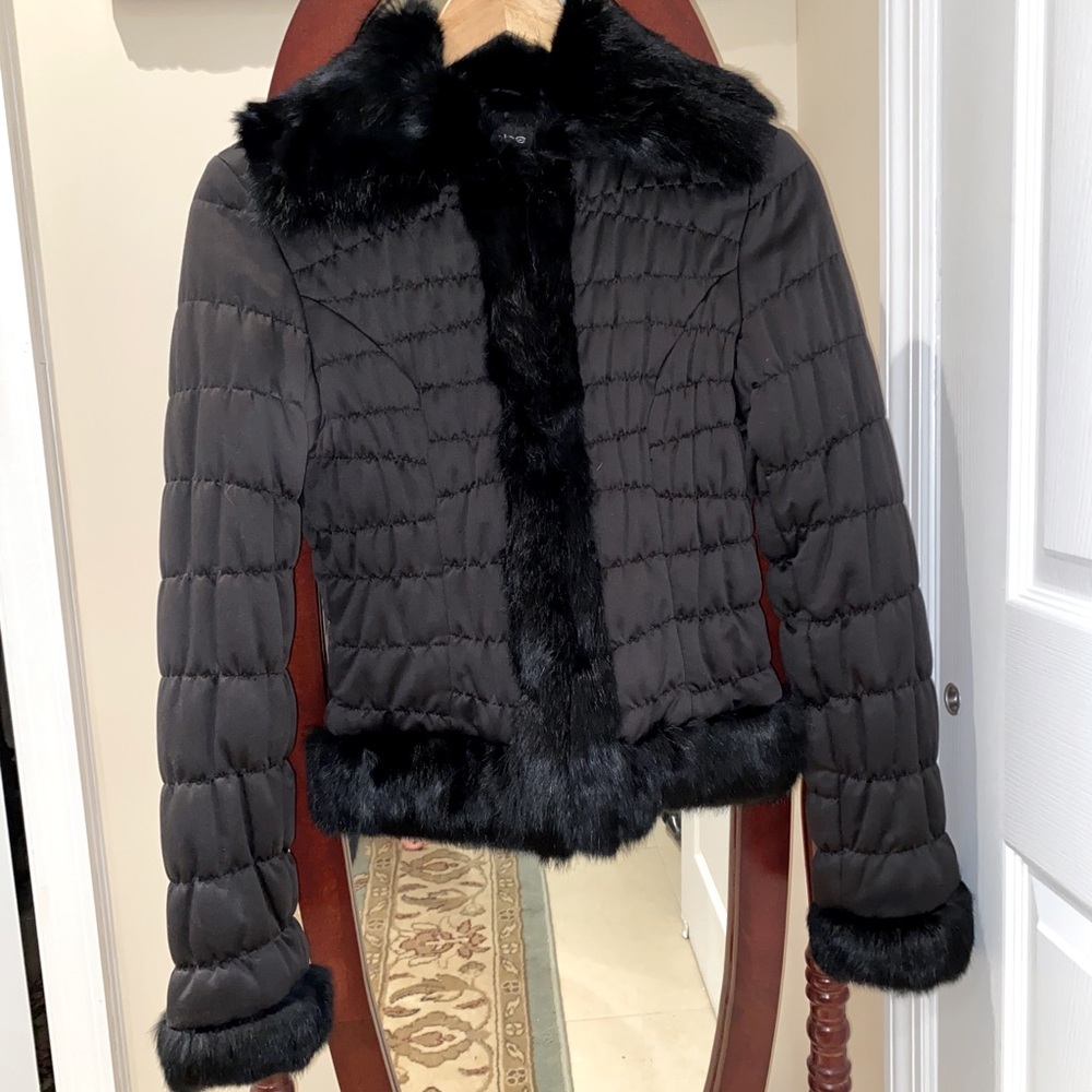 Bebe Black Real fur trim satin jacket